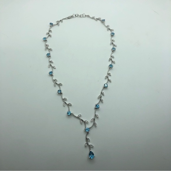 STERLING Blue Topaz & CZ Fancy Leaves Vines Necklace w Drop Pendant 16” + 1” - Picture 5 of 10